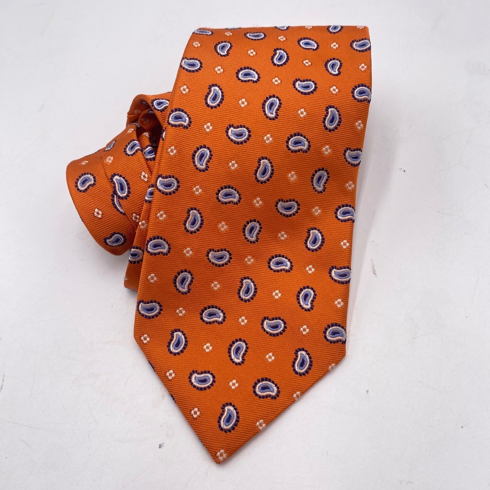 Brooks Brothers 346 Paisley Necktie Mens Orange Blue Pure Silk Classic Business